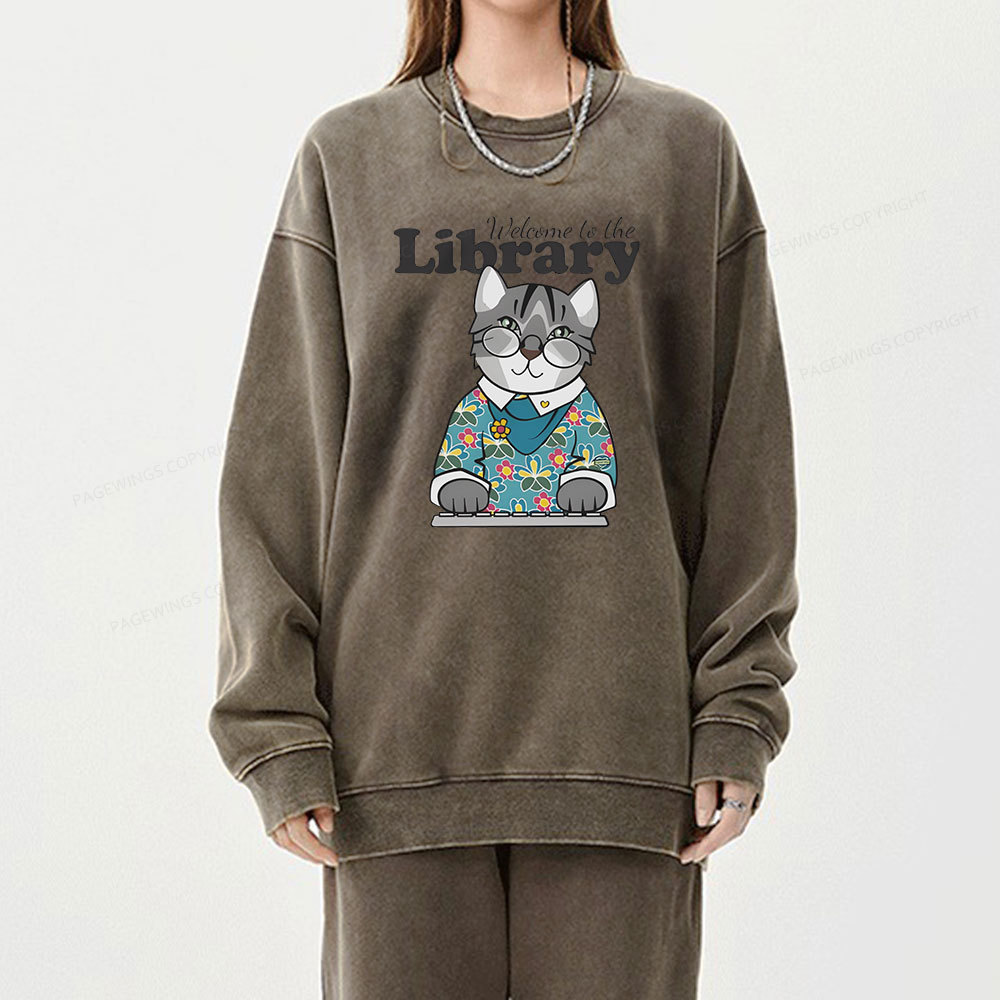 Pagewings Welcome to the Library Cat Unisex Washed Sweatshirt