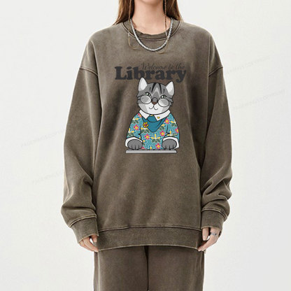 Pagewings Welcome to the Library Cat Unisex Washed Sweatshirt