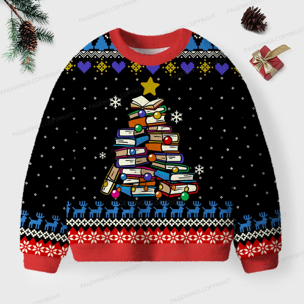 Pagewings Christmas Tree Book Unisex Ugly Knit Sweatshirt