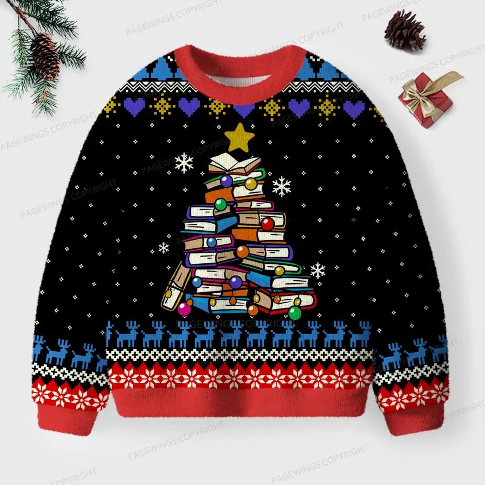 Pagewings Christmas Tree Book Unisex Ugly Knit Sweatshirt