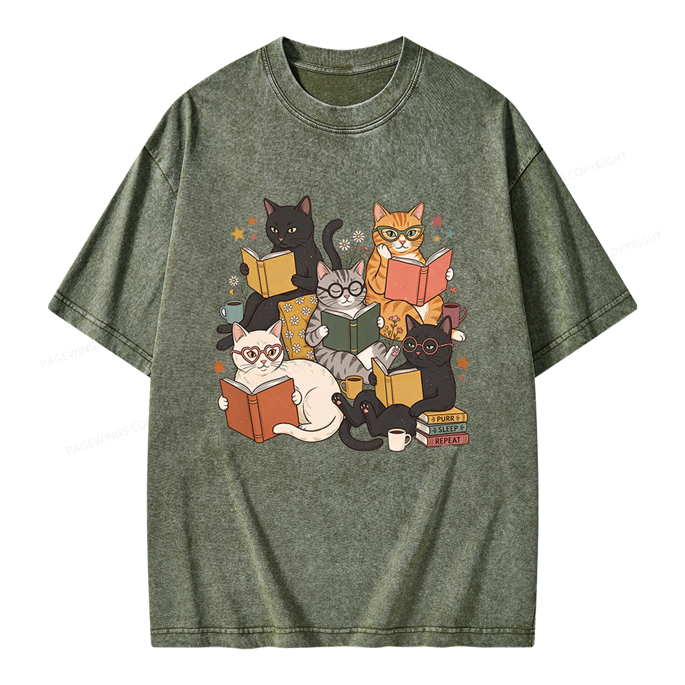 Pagewings Retro Reading Cats Unisex Washed T-shirt