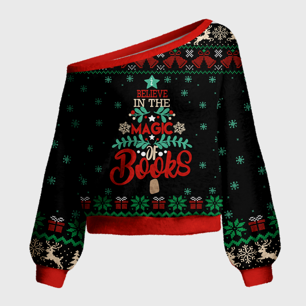 Pagewings Believe In The Magic Of Books Off Shoulder Ugly Knit Sweater