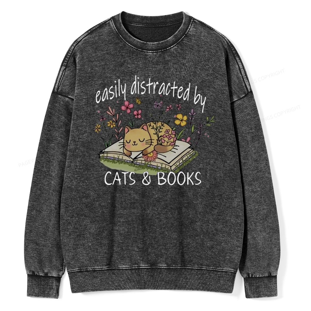 Pagewings Easily Distracted By Cats And Books Unisex Washed Sweatshirt