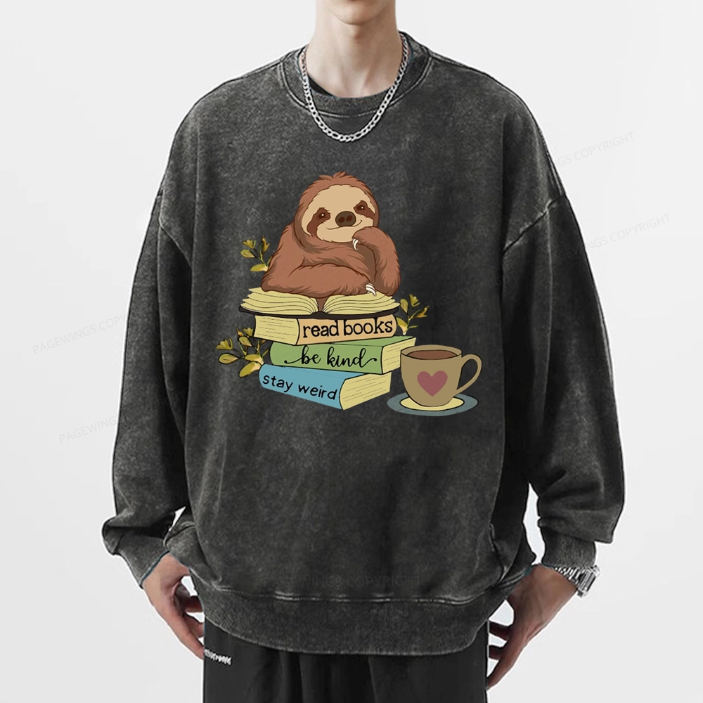 Pagewings Sloth Reading Unisex Washed Sweatshirt