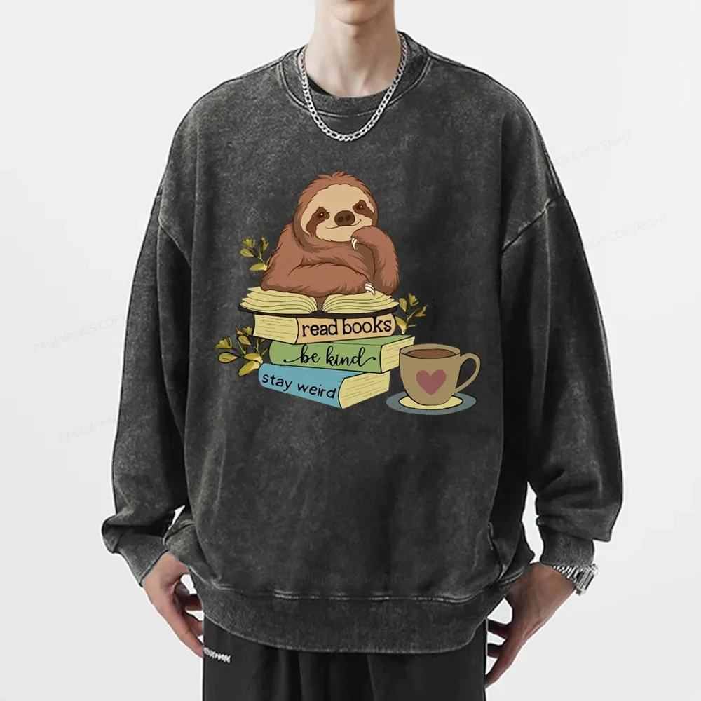 Pagewings Sloth Reading Unisex Washed Sweatshirt