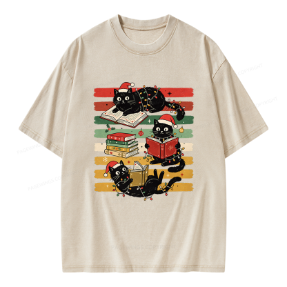 Pagewings Bookish Cat Christmas Unisex Washed T-shirt