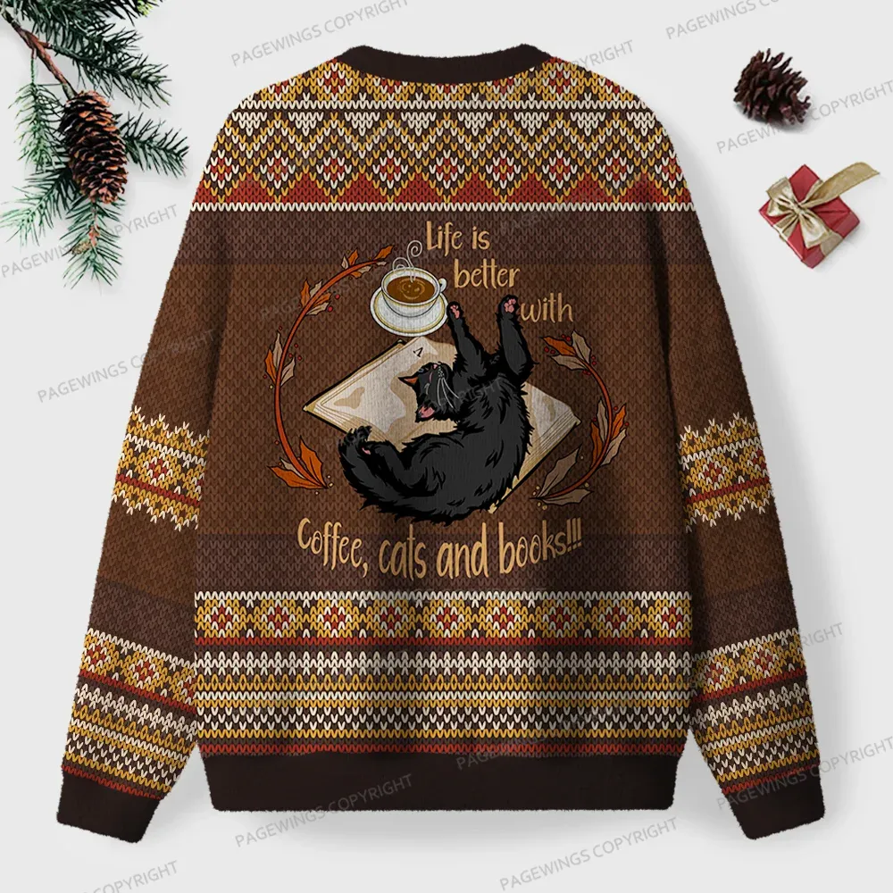 Pagewings Life Is Better With Coffee Cats And Books Unisex Ugly Knit Sweatshirt