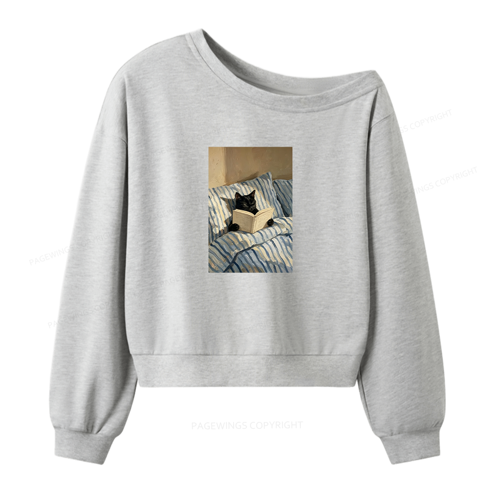 Pagewings Black Cat Reading in Bed Women Off Shoulder Sweatshirt