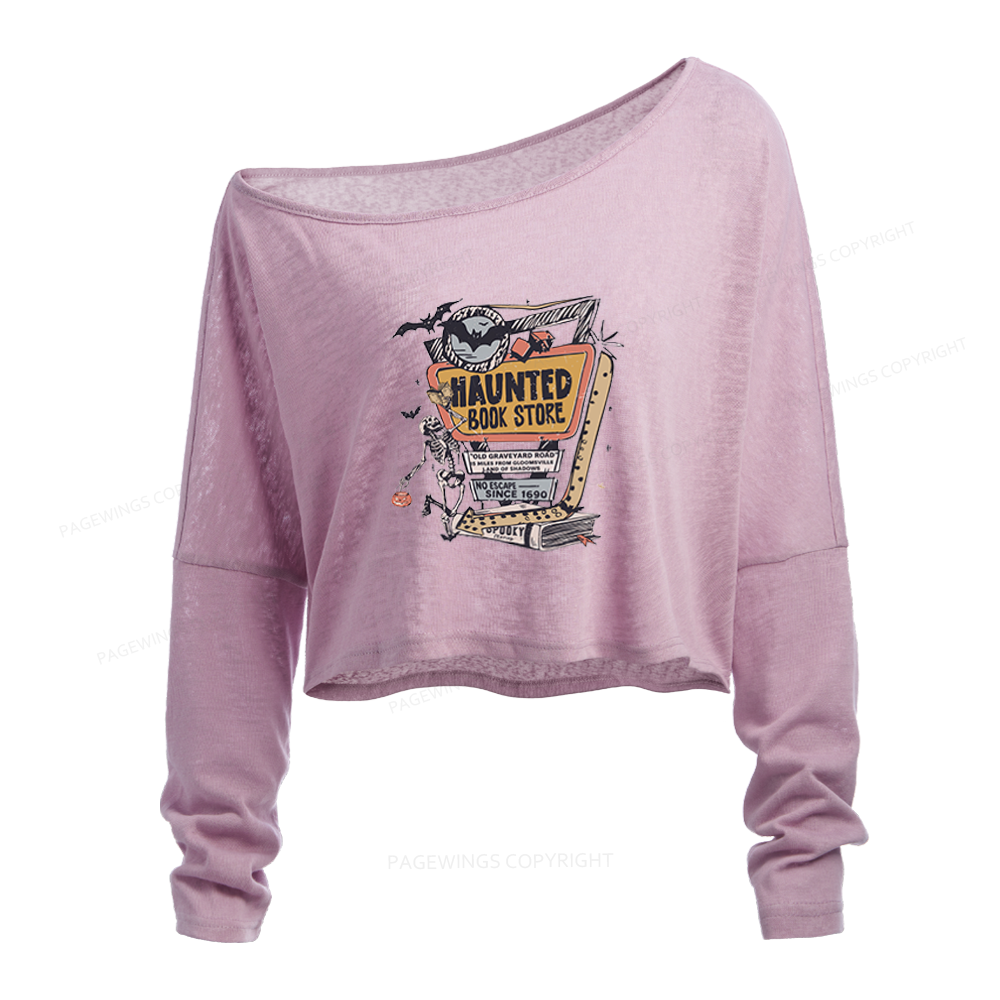 Pagewings 90s Vintage Haunted Book Store Slouchy Long Sleeve Off Shoulder T-shirt