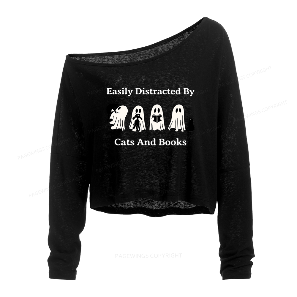 Pagewings Easily Distracted By Cats And Books Slouchy Long Sleeve Off Shoulder T-shirt