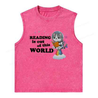 Pagewings Cat Reading in Space Unisex Washed Tank Top