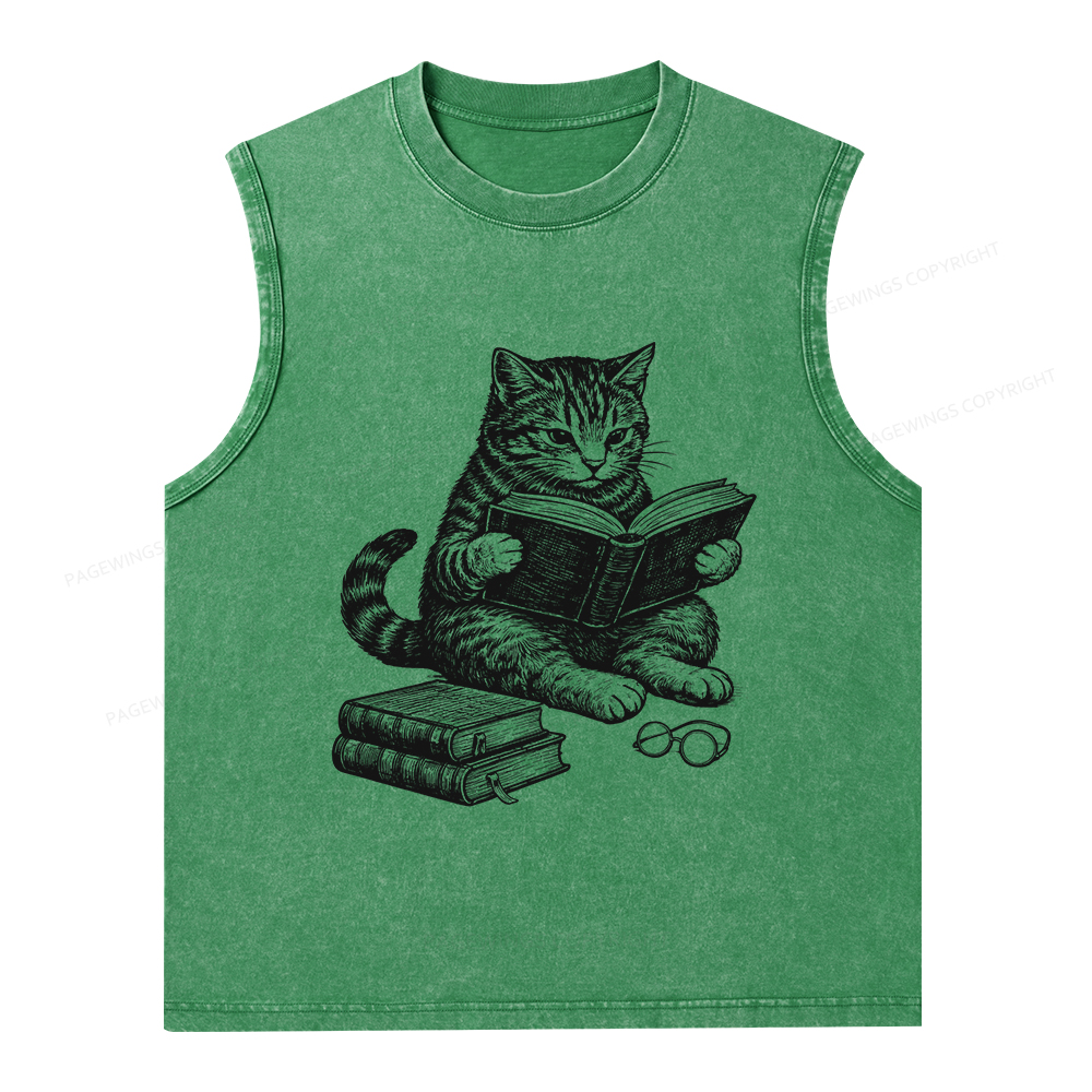 Pagewings Cat Reading Book Unisex Washed Tank Top
