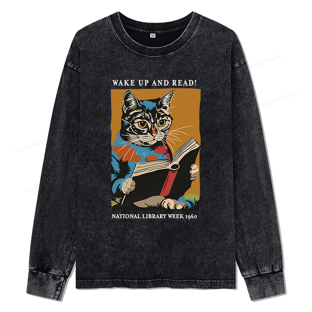 Pagewings Cat Reading Poster Unisex Washed Long Sleeve T-shirt