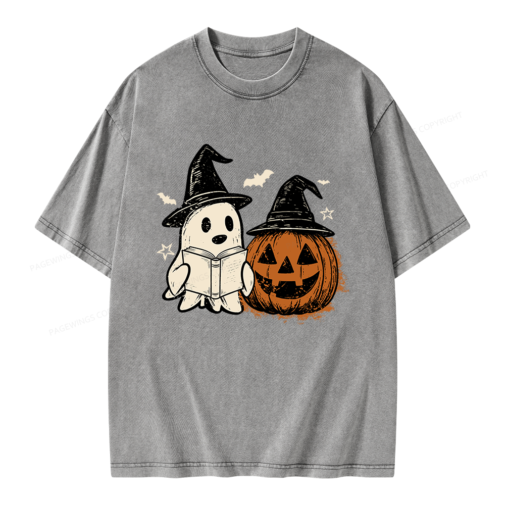 Pagewings Spooky Ghost Pumpkin Halloween Unisex Washed T-shirt