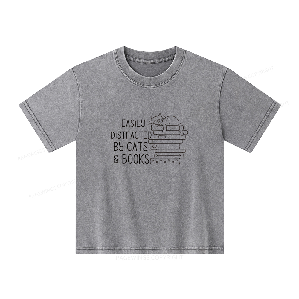 Pagewings Easily Distracted By Cats and Books Unisex Kids Washed T-shirt