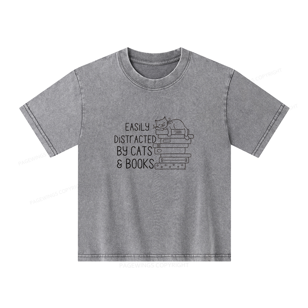 Pagewings Easily Distracted By Cats and Books Unisex Kids Washed T-shirt