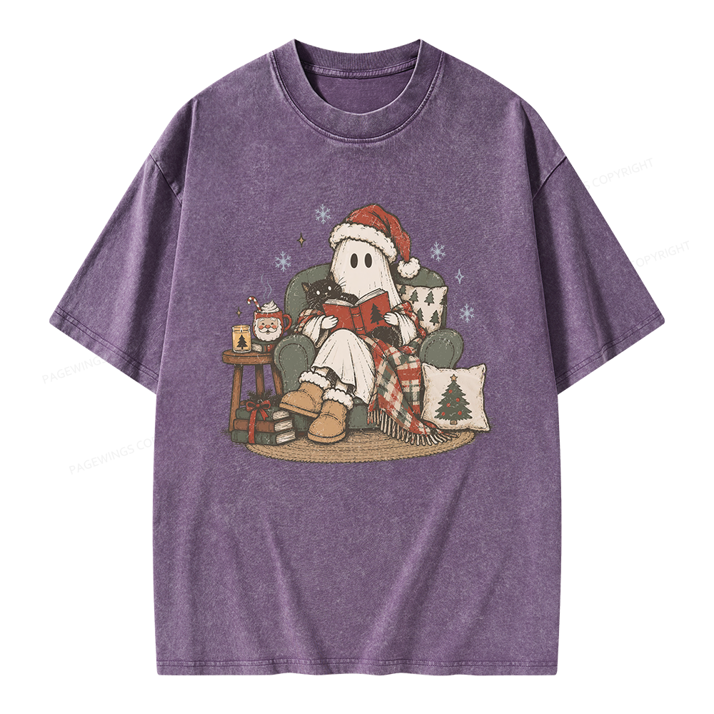 Pagewings Christmas Ghost Reading Unisex Washed T-shirt