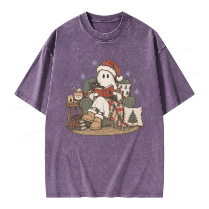 Pagewings Christmas Ghost Reading Unisex Washed T-shirt