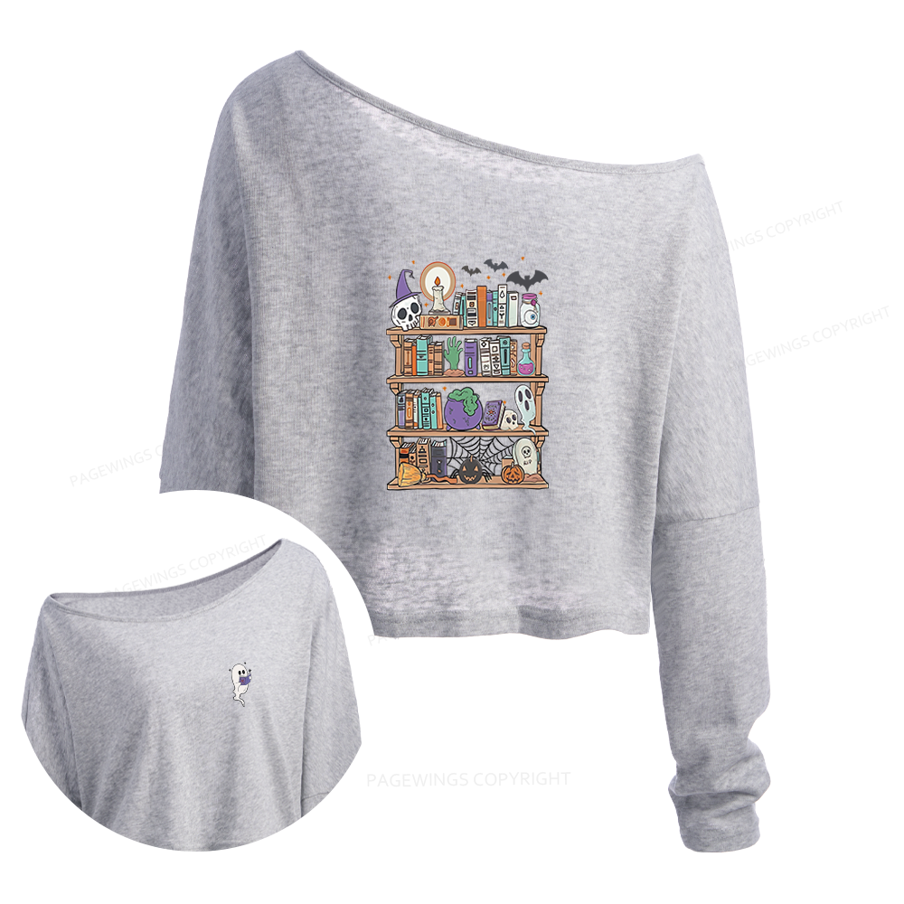 Pagewings Ghost Book Reader Halloween Slouchy Long Sleeve Off Shoulder T-shirt