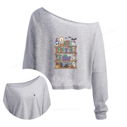 Pagewings Ghost Book Reader Halloween Slouchy Long Sleeve Off Shoulder T-shirt