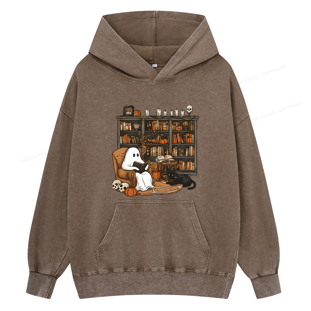 Pagewings Halloween Ghost Reading Books Unisex Washed Hoodie