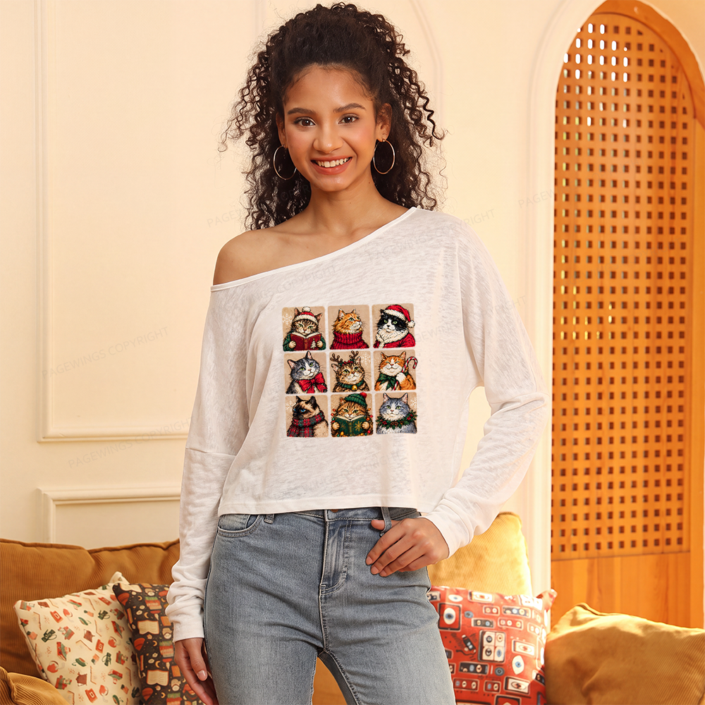 Pagewings Christmas Cats Slouchy Long Sleeve Off Shoulder T-shirt