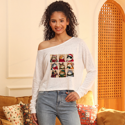 Pagewings Christmas Cats Slouchy Long Sleeve Off Shoulder T-shirt