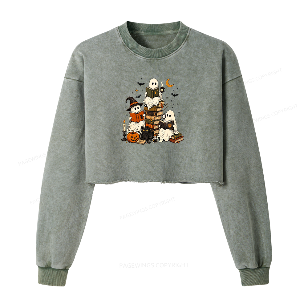 Pagewings Halloween Book Club Washed Crop Sweatshirt