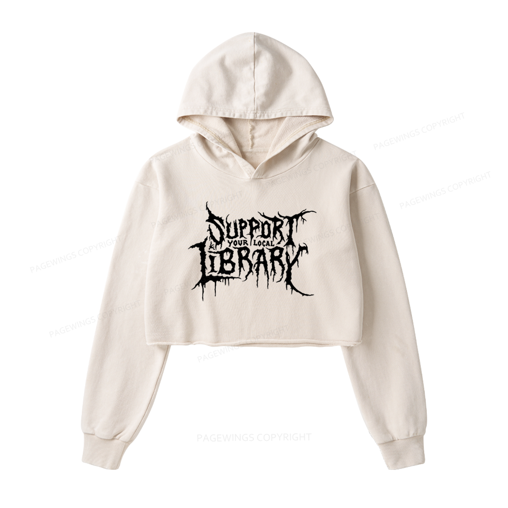 Pagewings Support Your Local Library Washed Crop Hoodie