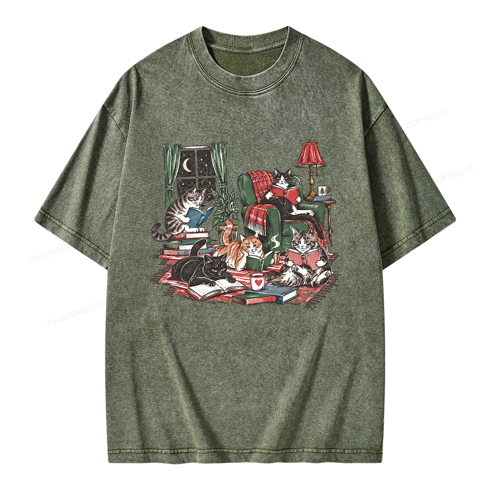 Pagewings Cats Reading Books Unisex Washed T-shirt