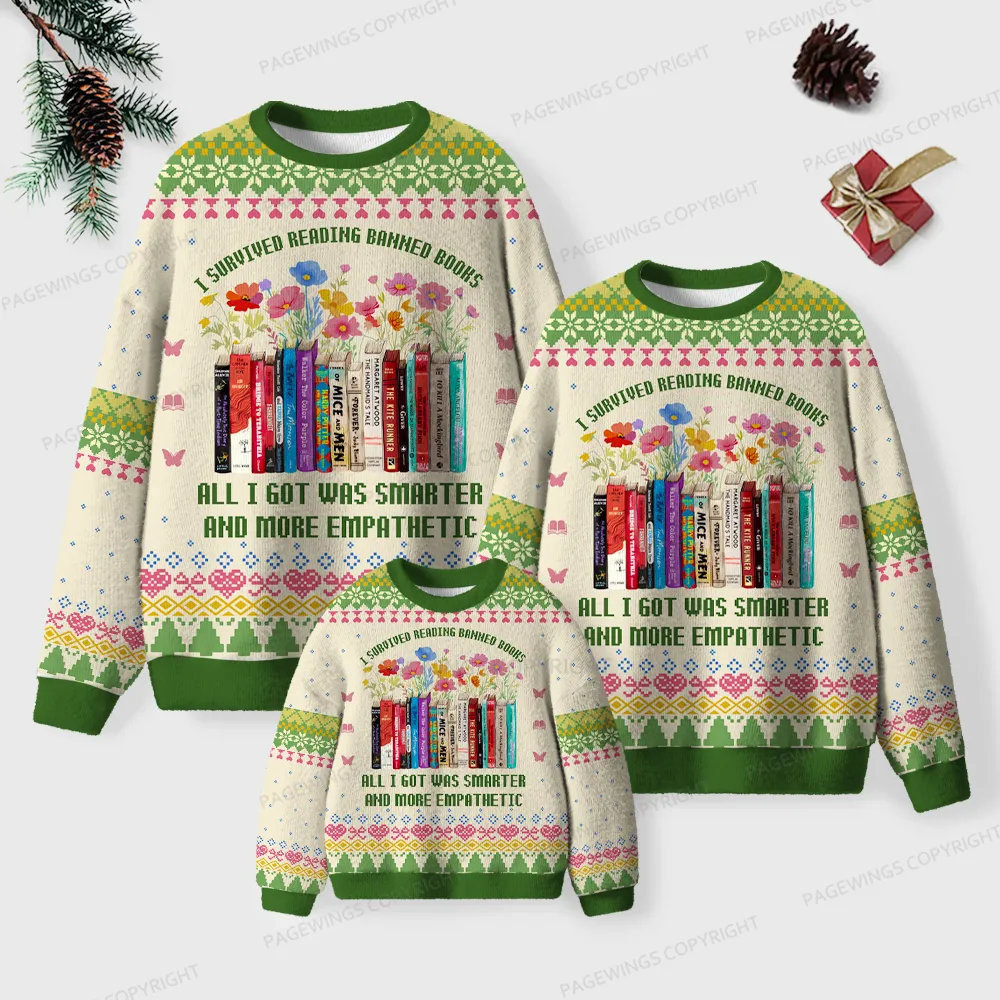 Pagewings I Survived Reading Banned Books Unisex Ugly Knit Sweatshirt