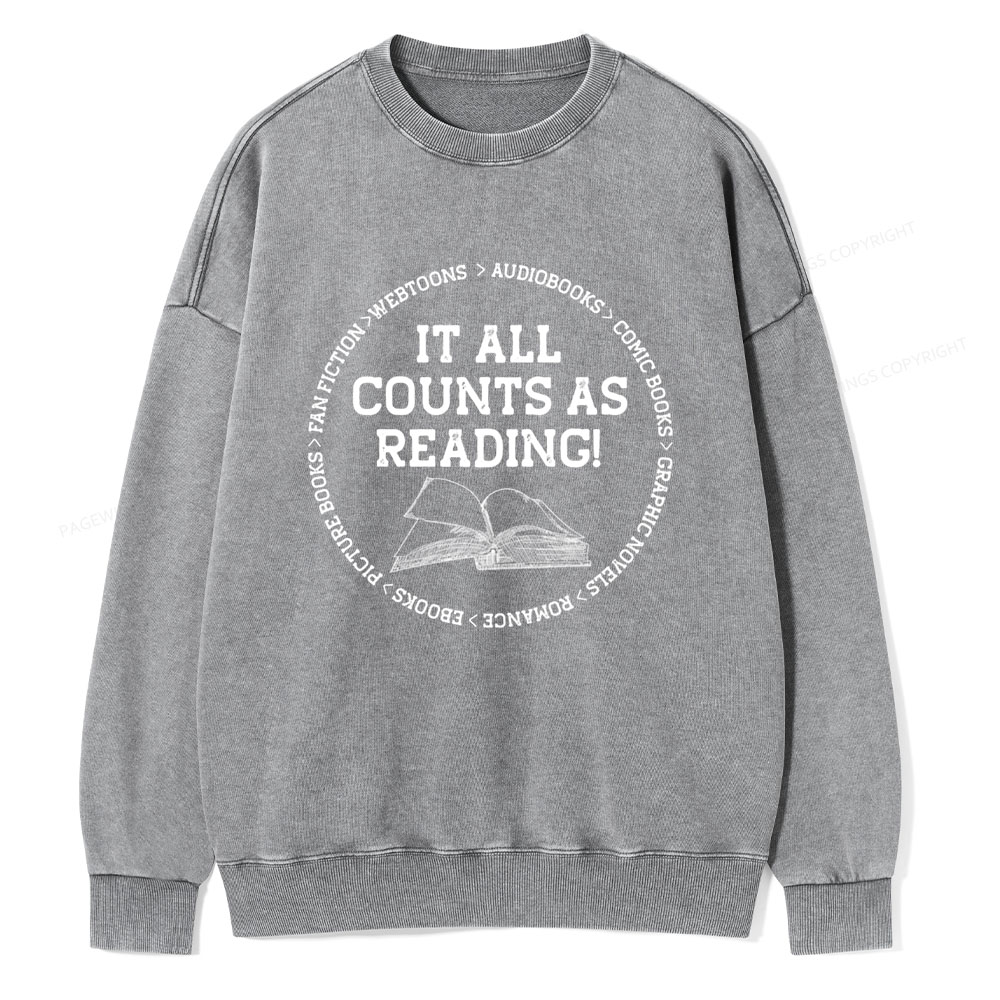 Pagewings It All Counts As Reading Unisex Washed Sweatshirt