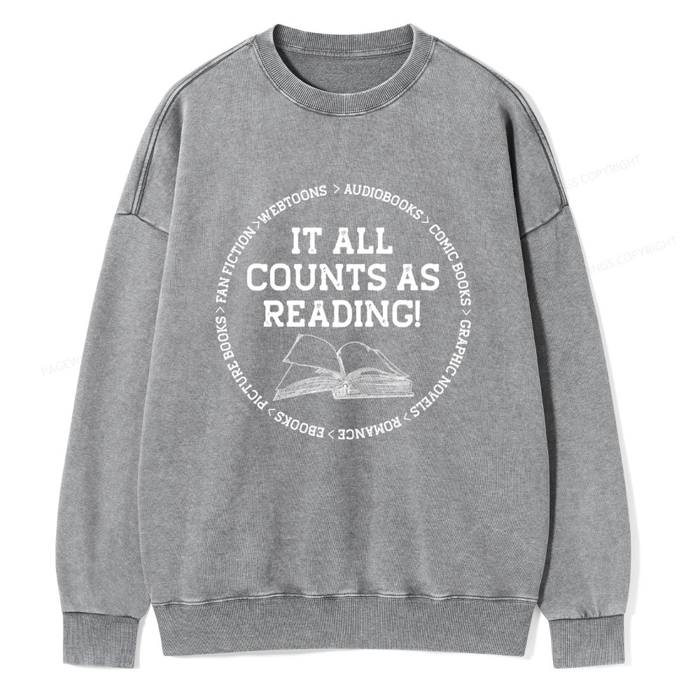Pagewings It All Counts As Reading Unisex Washed Sweatshirt