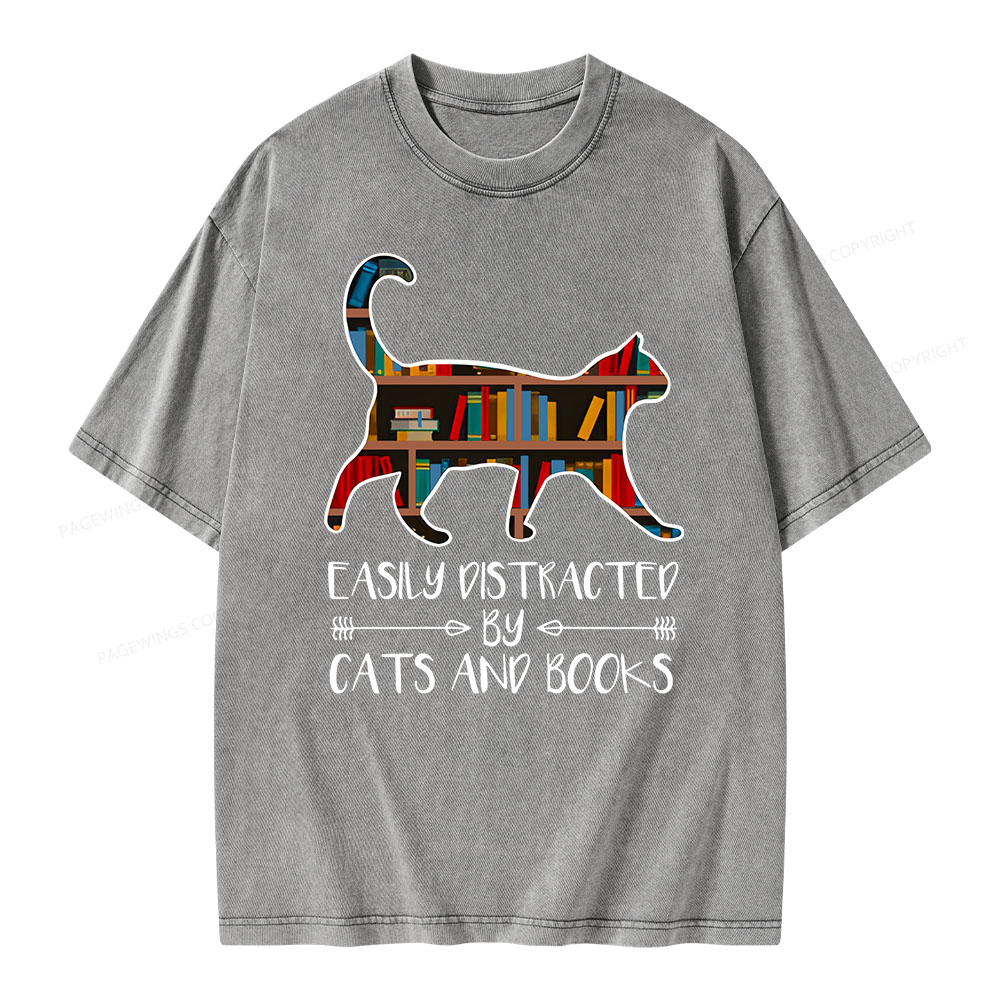 Pagewings Funny Cat Book Lover Easily Distracted By Cats And T-Shirt  Unisex Washed T-shirt
