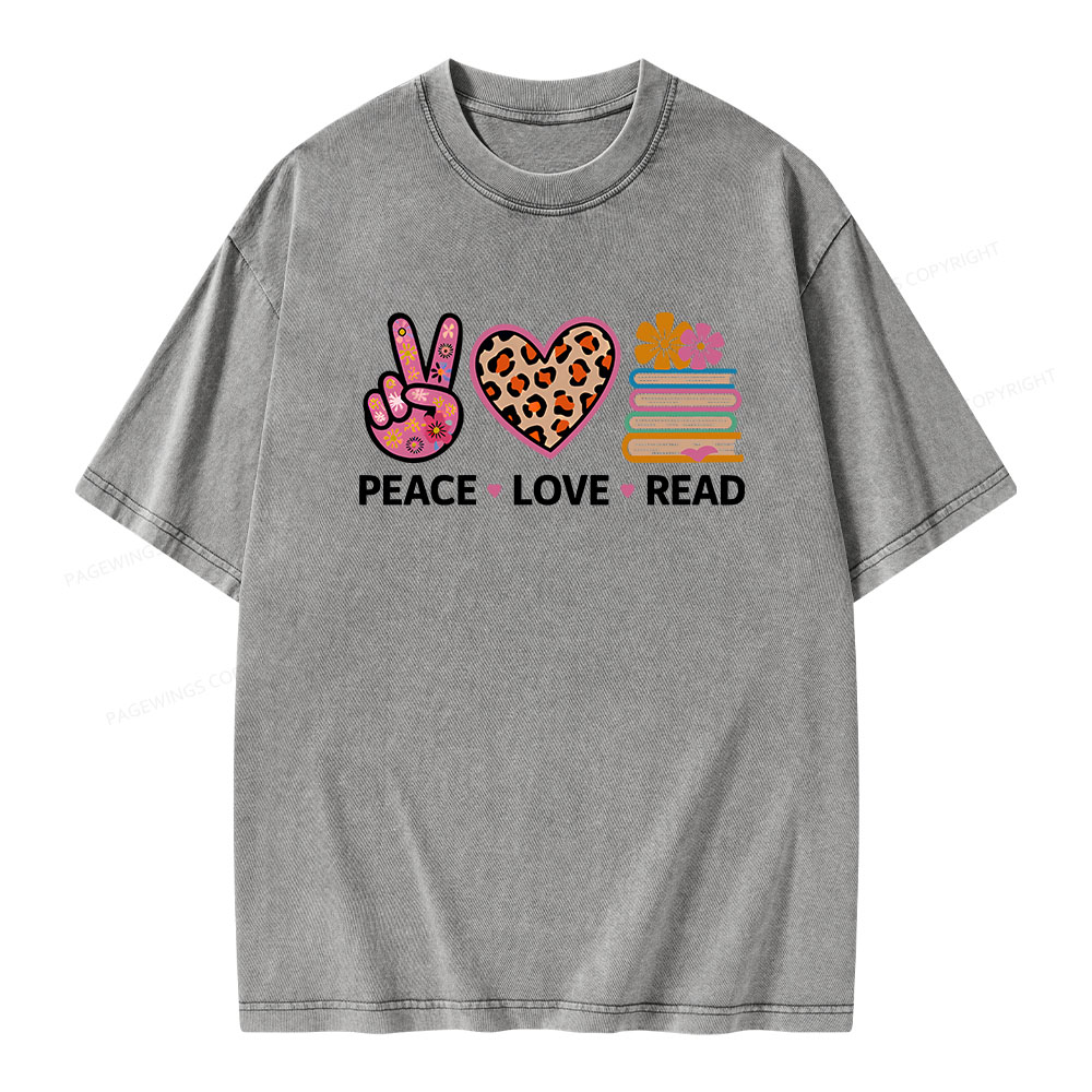 Pagewings Peace Love Read World Book Day Unisex Washed T-shirt