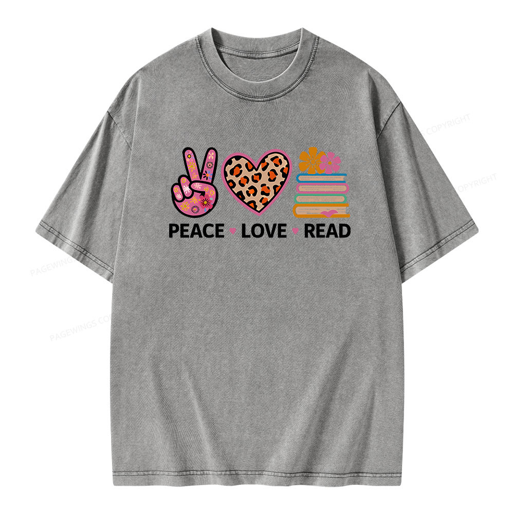 Pagewings Peace Love Read World Book Day Unisex Washed T-shirt
