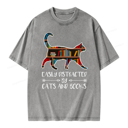 Pagewings Funny Cat Book Lover Easily Distracted By Cats And T-Shirt  Unisex Washed T-shirt