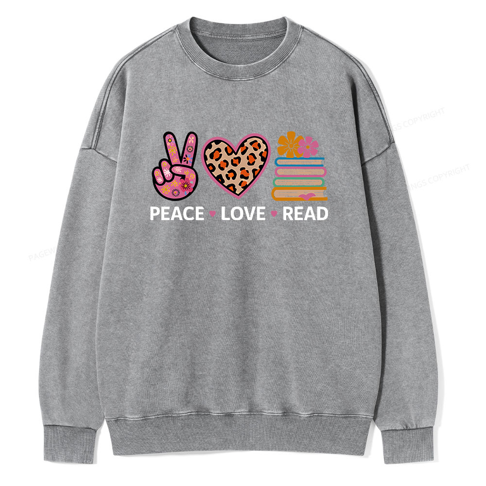Pagewings Peace Love Read World Book Day Unisex Washed Sweatshirt