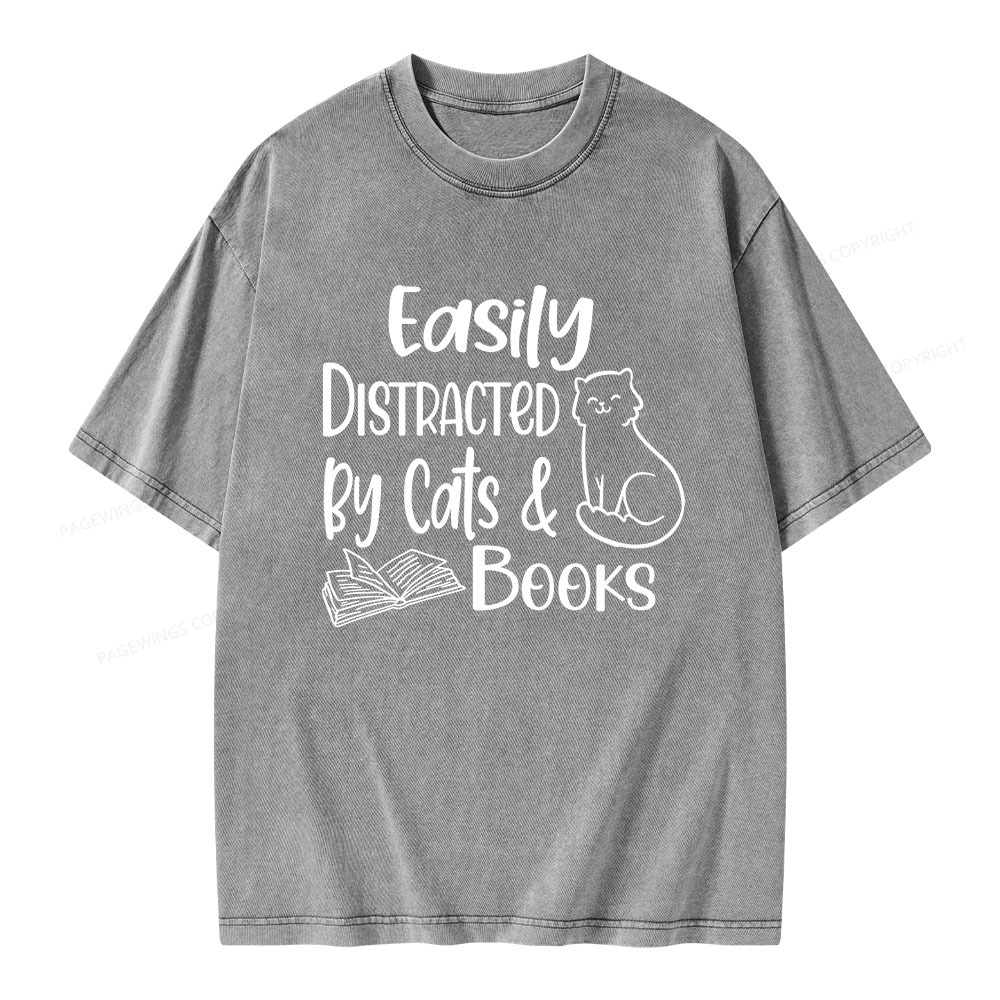 Pagewings Easily Distracted By Cats And Books Unisex Washed T-shirt