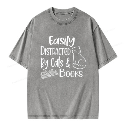 Pagewings Easily Distracted By Cats And Books Unisex Washed T-shirt