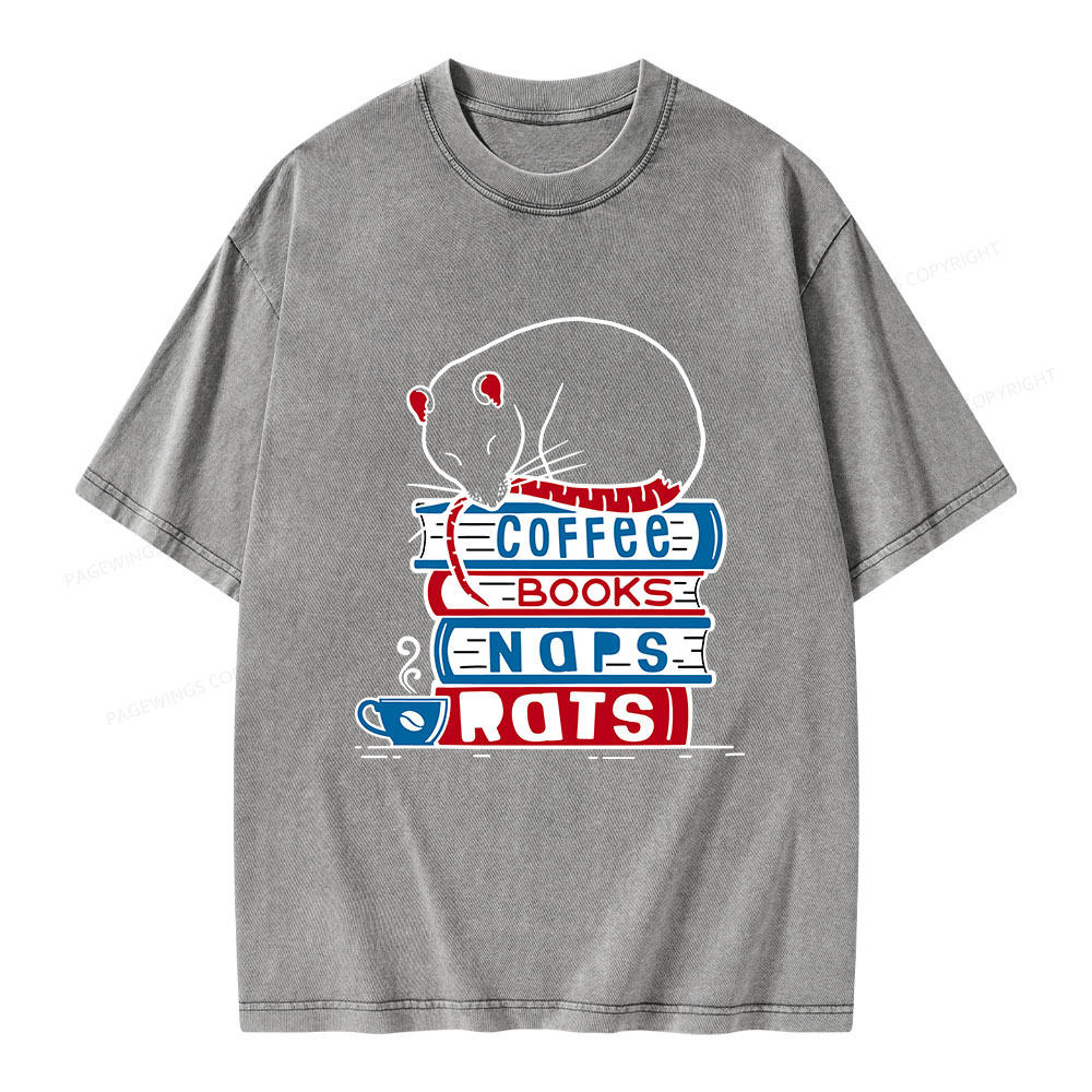 Pagewings Coffee Books Naps Rats Unisex Washed T-shirt
