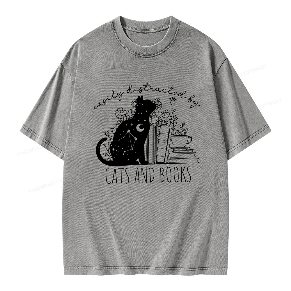 Pagewings Easily Distracted By Cats And Books Unisex Washed T-shirt