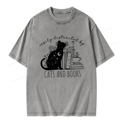 Pagewings Easily Distracted By Cats And Books Unisex Washed T-shirt