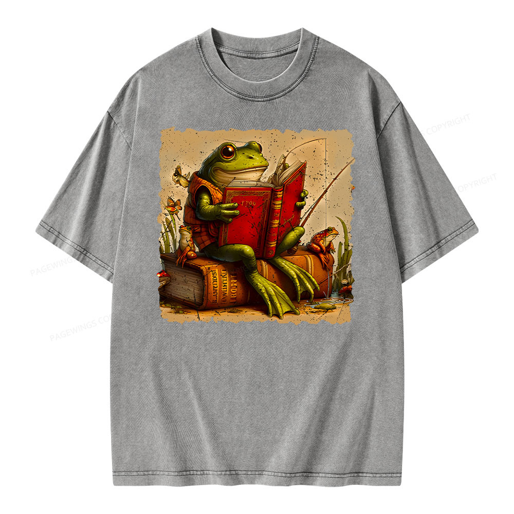 Pagewings Toad Fishing Book Reading Book Unisex Washed T-shirt