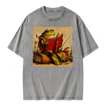 Pagewings Toad Fishing Book Reading Book Unisex Washed T-shirt