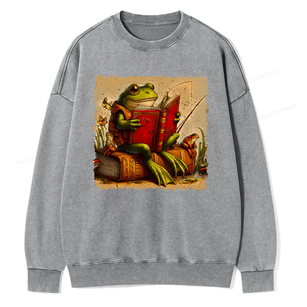 Pagewings Toad Fishing Book Reading Book Unisex Washed Sweatshirt