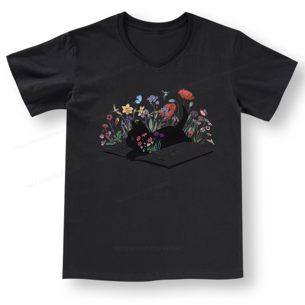 Pagewings Cute Book Cat V-neck T-shirt
