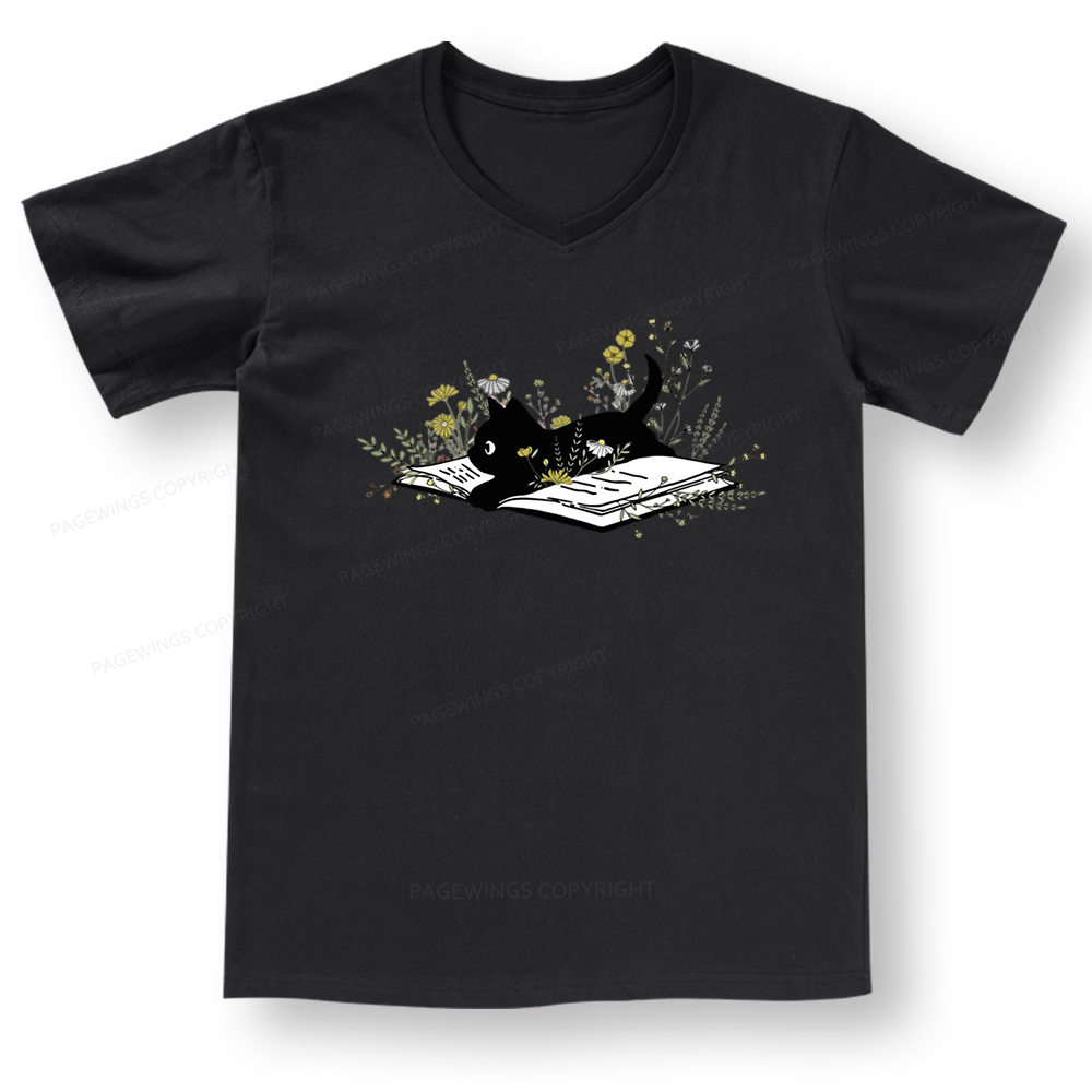 Pagewings Cute Book Cat V-neck T-shirt 