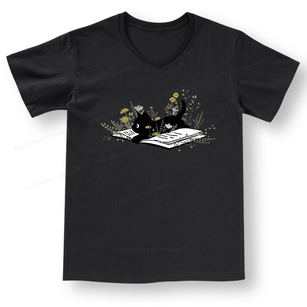 Pagewings Cute Book Cat V-neck T-shirt 