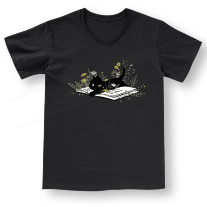 Pagewings Cute Book Cat V-neck T-shirt 